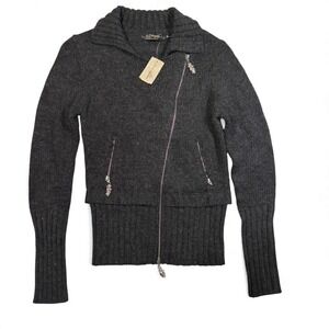 Ed Hardy Women Knit Sweater Jacket Gray Love Hearts‎ Rhinestone Zipper Medium